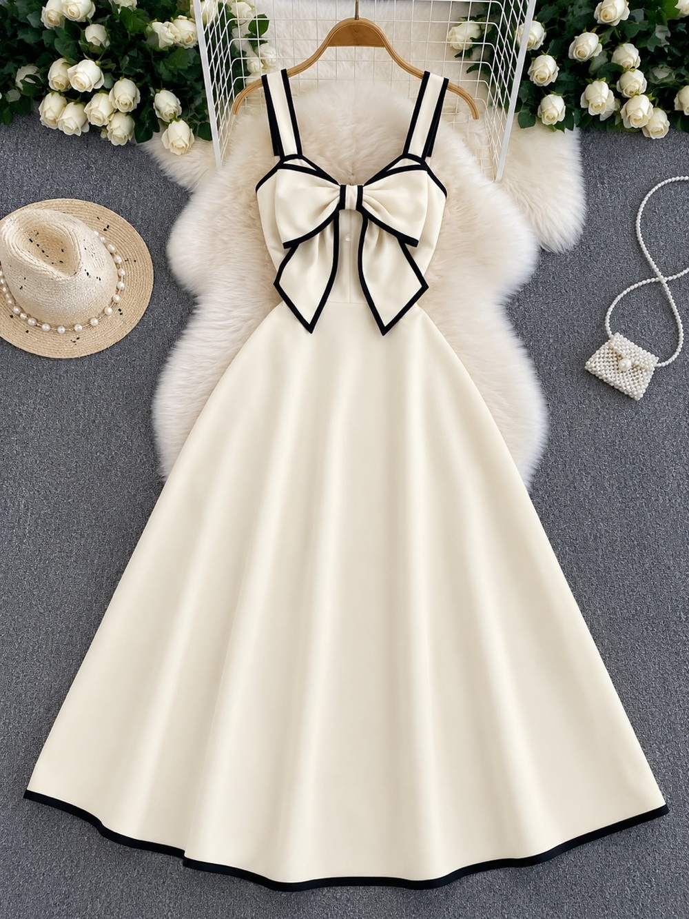 Cream Midi Dress with Contrast Bow and Black Trim